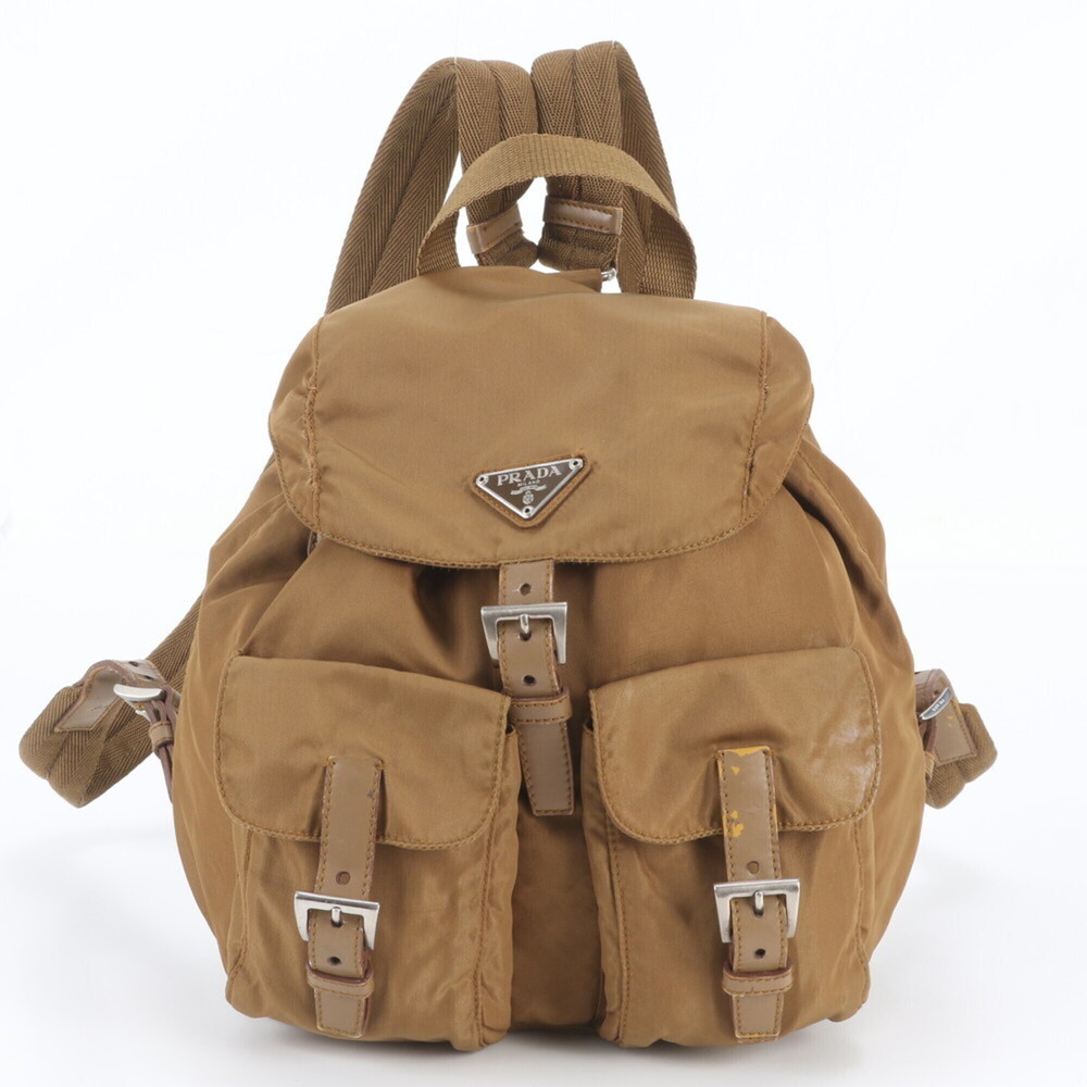 Prada Tessuto Nylon Triangle Logo Leather Backpack, Brown, Women's